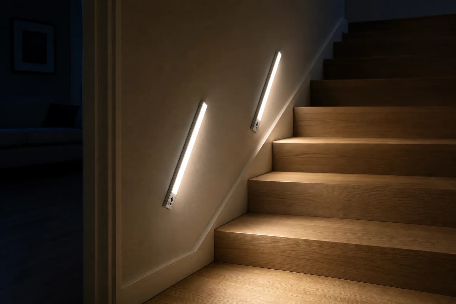 Illustration of a light bar lighting a dark stairway at night