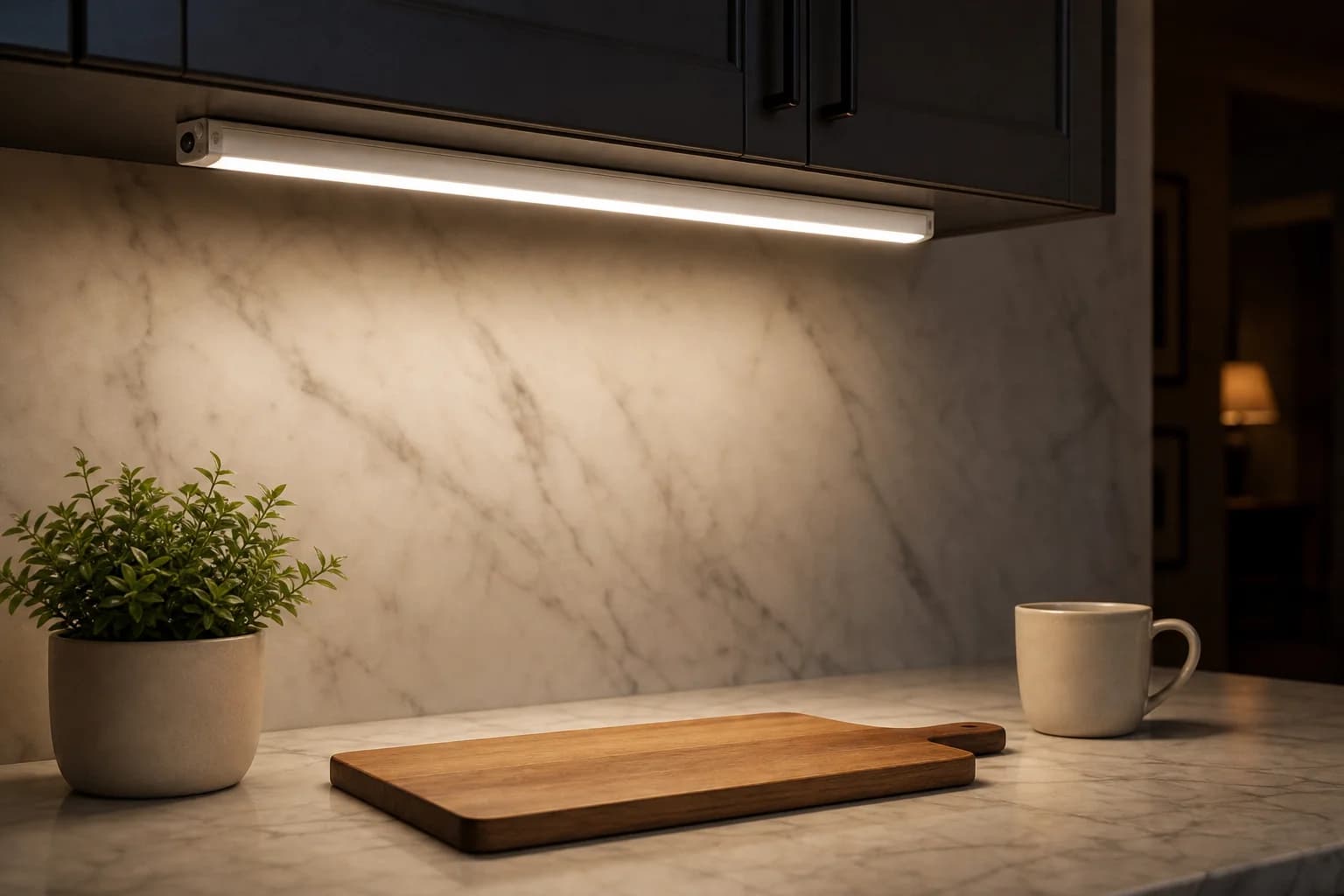 Illustration of a light bar lighting a kitchen counter at night