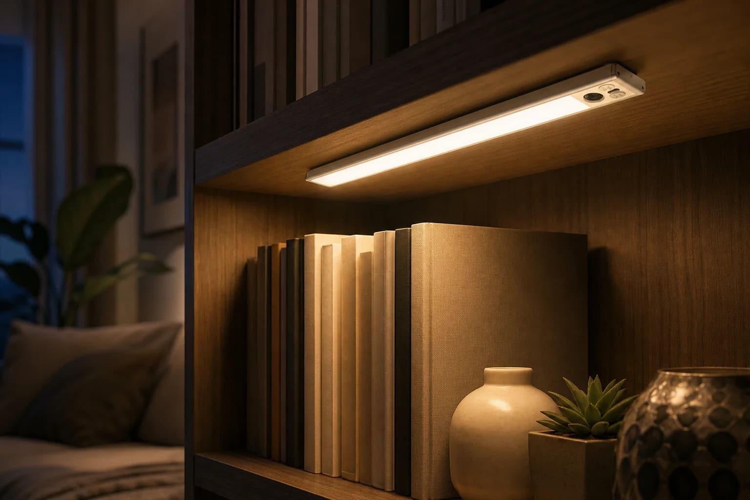 Motion sensor LED light bar lighting a kitchen counter at night
