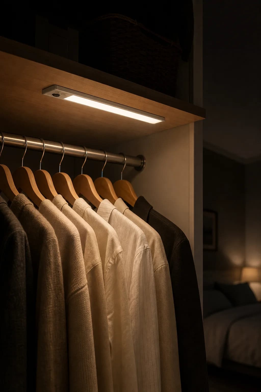 Illustration of a light bar mounted under a closet shelf, lighting hanging clothes